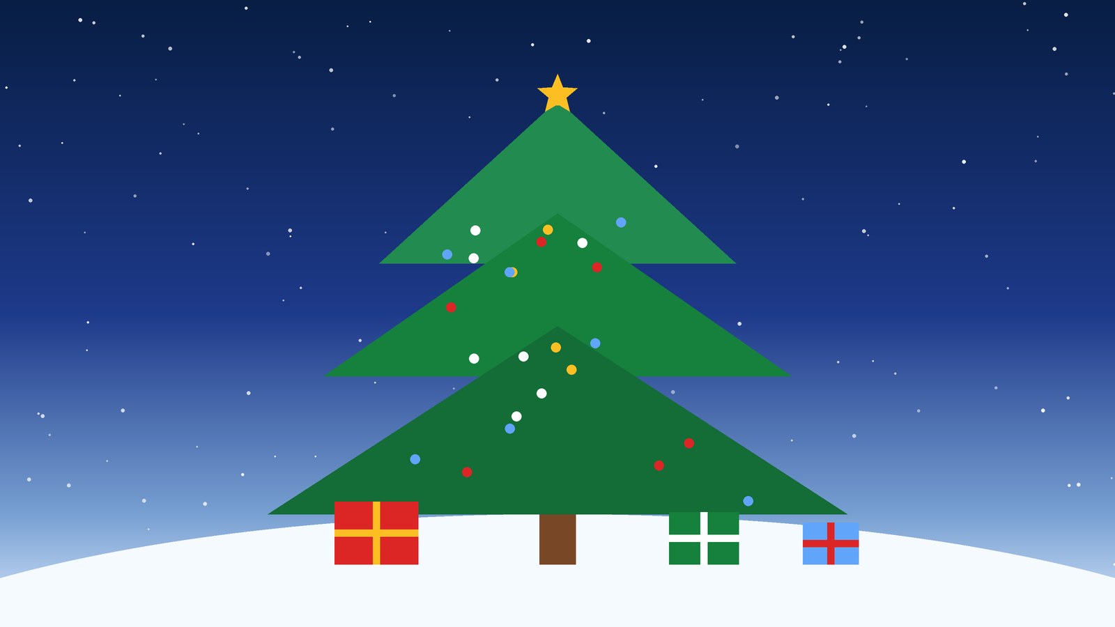 クリスマスツリーと雪のイラスト（星・オーナメント・プレゼント）