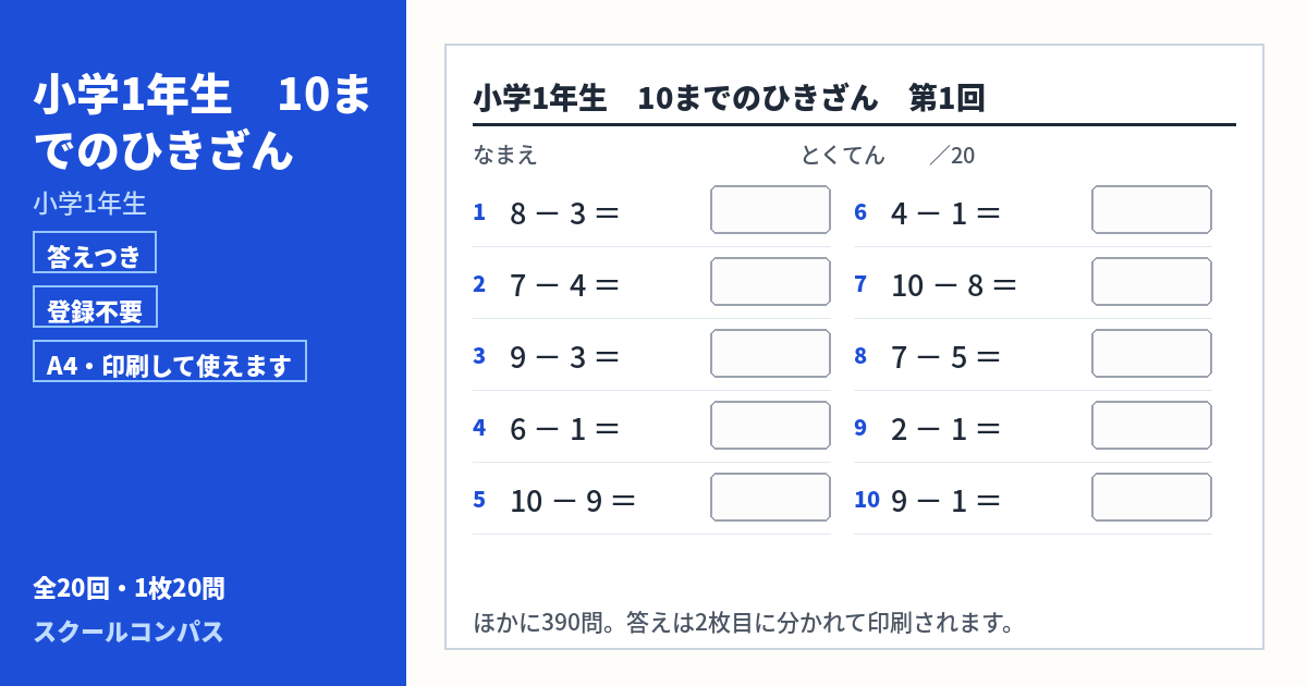 小学1年生 小学1年生 10までのひきざんのプリント 第1回（答えつき・A4・無料）