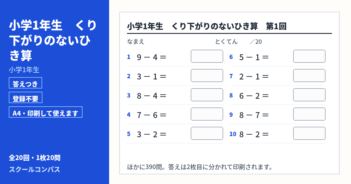 小学1年生 小学1年生 くり下がりのないひき算のプリント 第1回（答えつき・A4・無料）