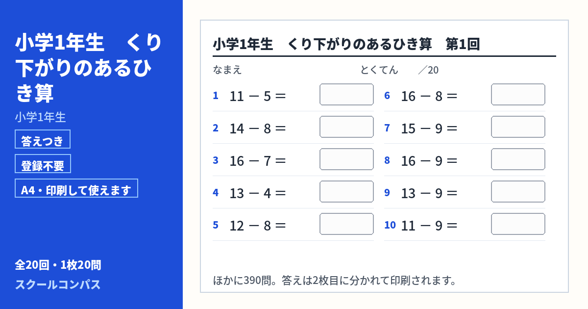 小学1年生 小学1年生 くり下がりのあるひき算のプリント 第1回（答えつき・A4・無料）