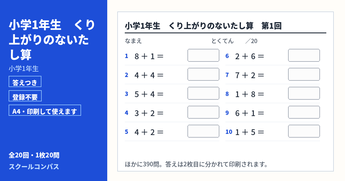小学1年生 小学1年生 くり上がりのないたし算のプリント 第1回（答えつき・A4・無料）