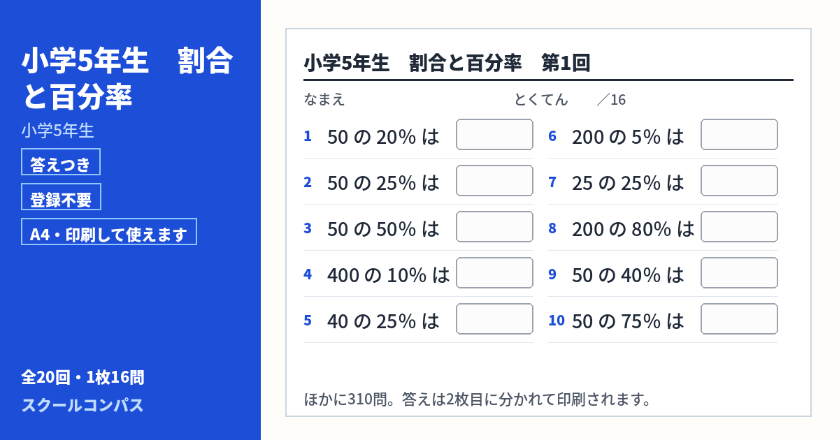 小学5年生 小学5年生 割合と百分率のプリント 第1回（答えつき・A4・無料）