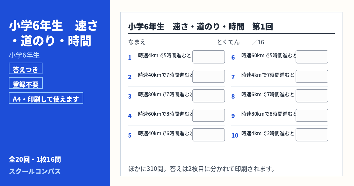 小学5年生・小学6年生 小学5・6年生 速さ・道のり・時間のプリント 第1回（答えつき・A4・無料）