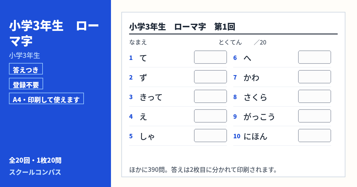 小学3年生 小学3年生 ローマ字のプリント 第1回（答えつき・A4・無料）