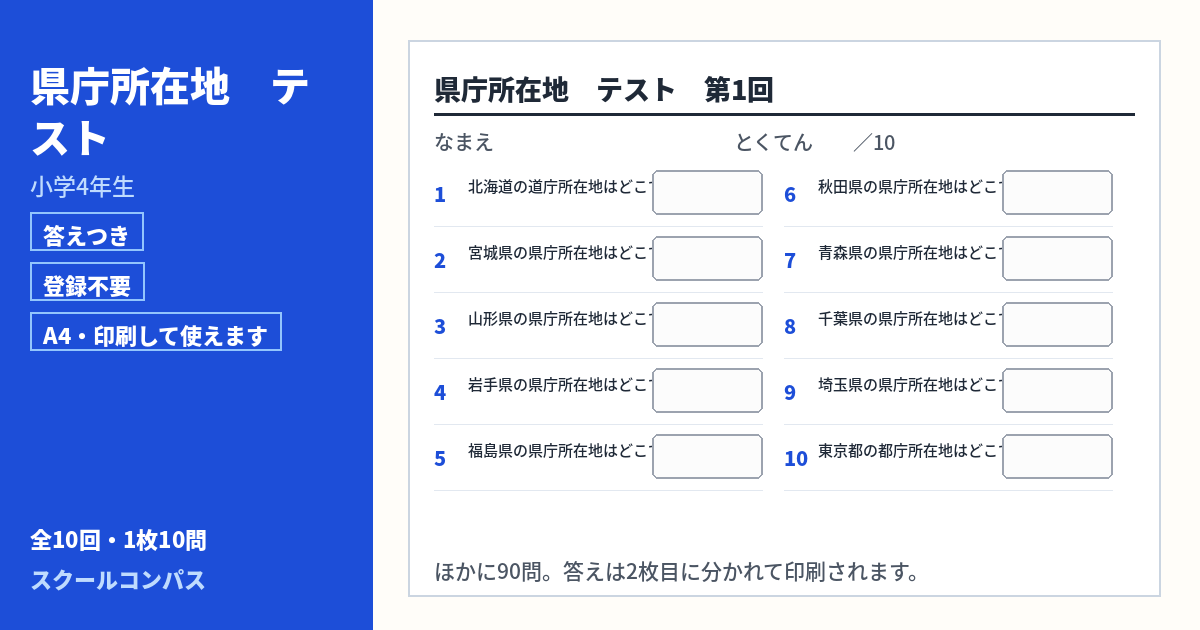 小学4年生 県庁所在地のプリント 第1回（答えつき・A4・無料）