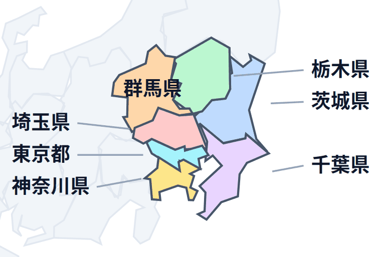 関東地方の地図。どこが何県かを色分けで示しています。
