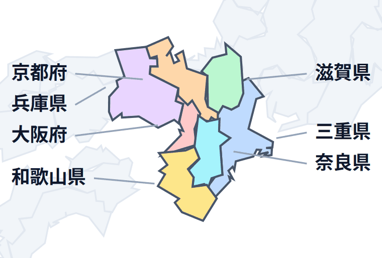 近畿地方の地図。どこが何県かを色分けで示しています。