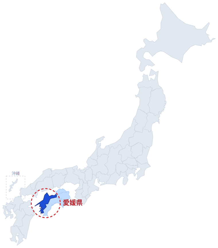 日本のなかでの愛媛県の位置。青くぬってあるところが愛媛県です。