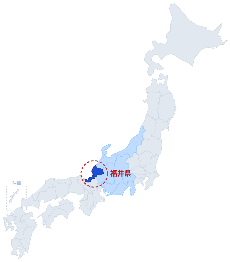 日本のなかでの福井県の位置。青くぬってあるところが福井県です。