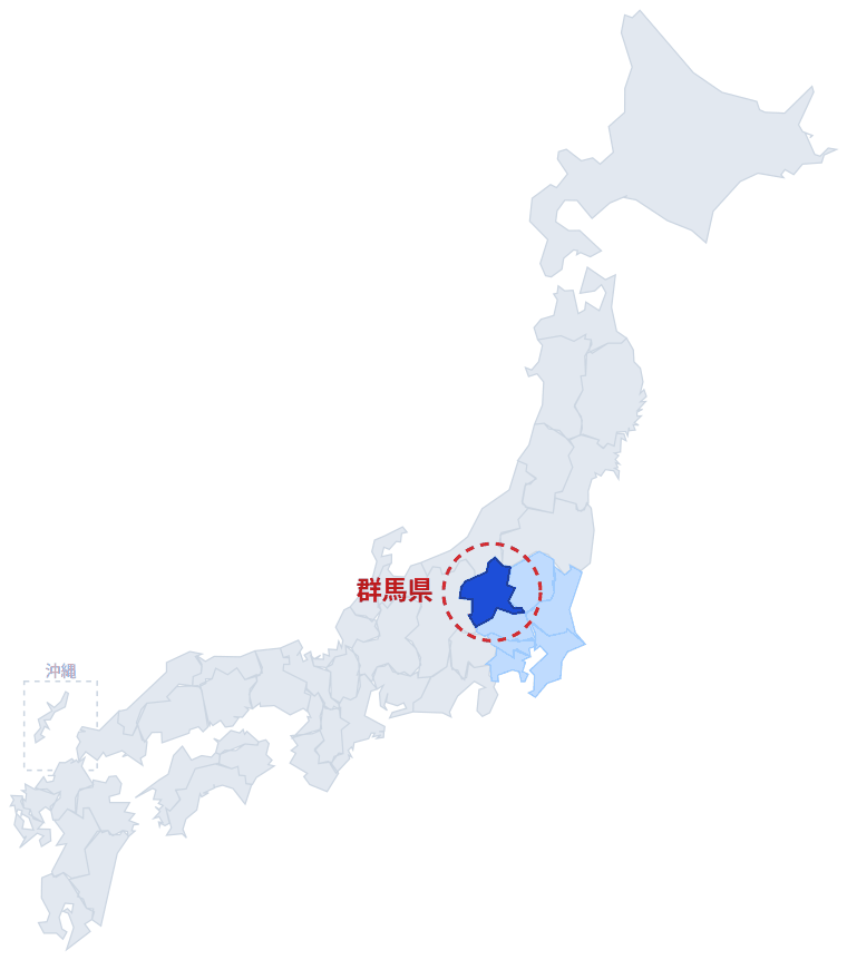 日本のなかでの群馬県の位置。青くぬってあるところが群馬県です。