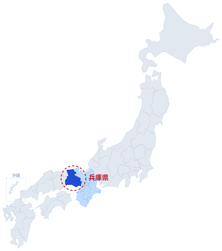 日本のなかでの兵庫県の位置。青くぬってあるところが兵庫県です。