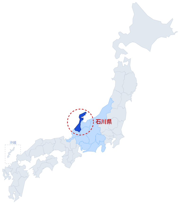 日本のなかでの石川県の位置。青くぬってあるところが石川県です。