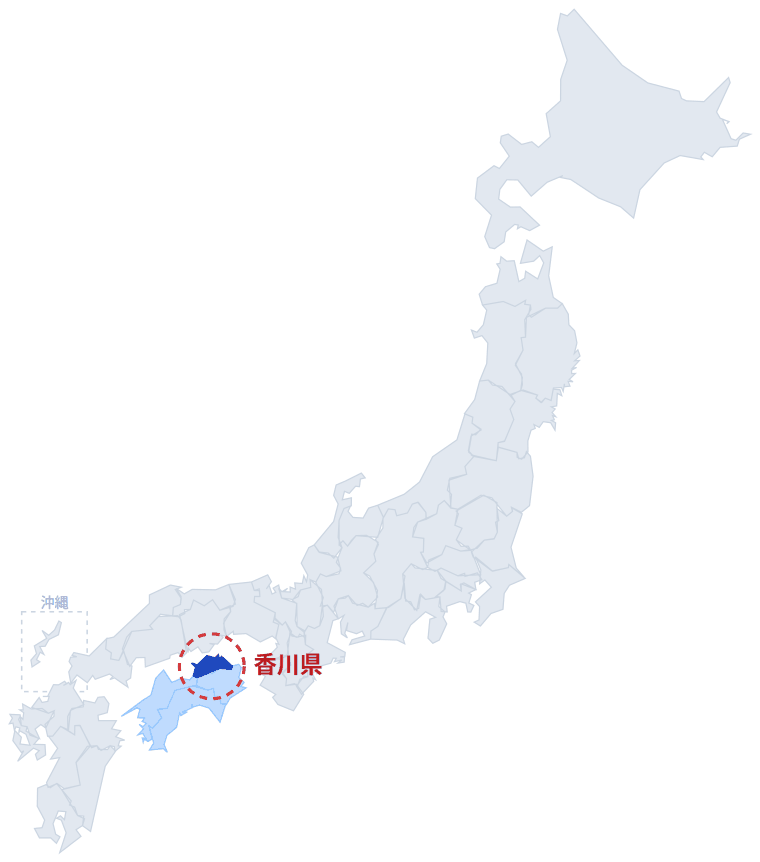日本のなかでの香川県の位置。青くぬってあるところが香川県です。