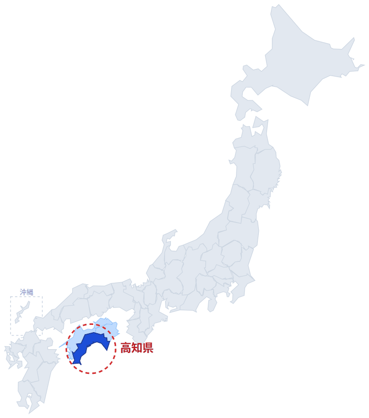 日本のなかでの高知県の位置。青くぬってあるところが高知県です。
