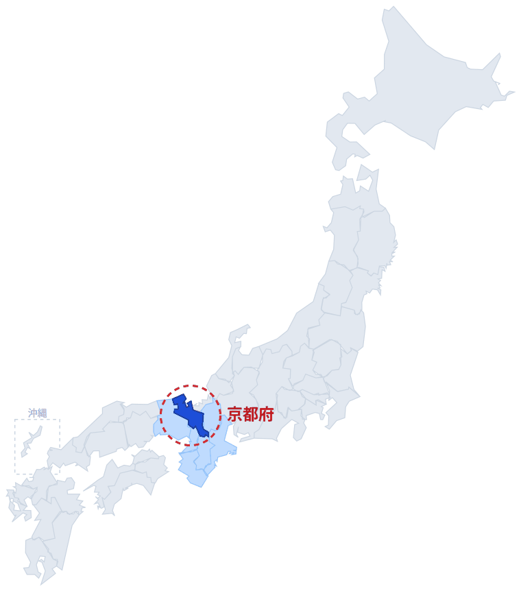 日本のなかでの京都府の位置。青くぬってあるところが京都府です。