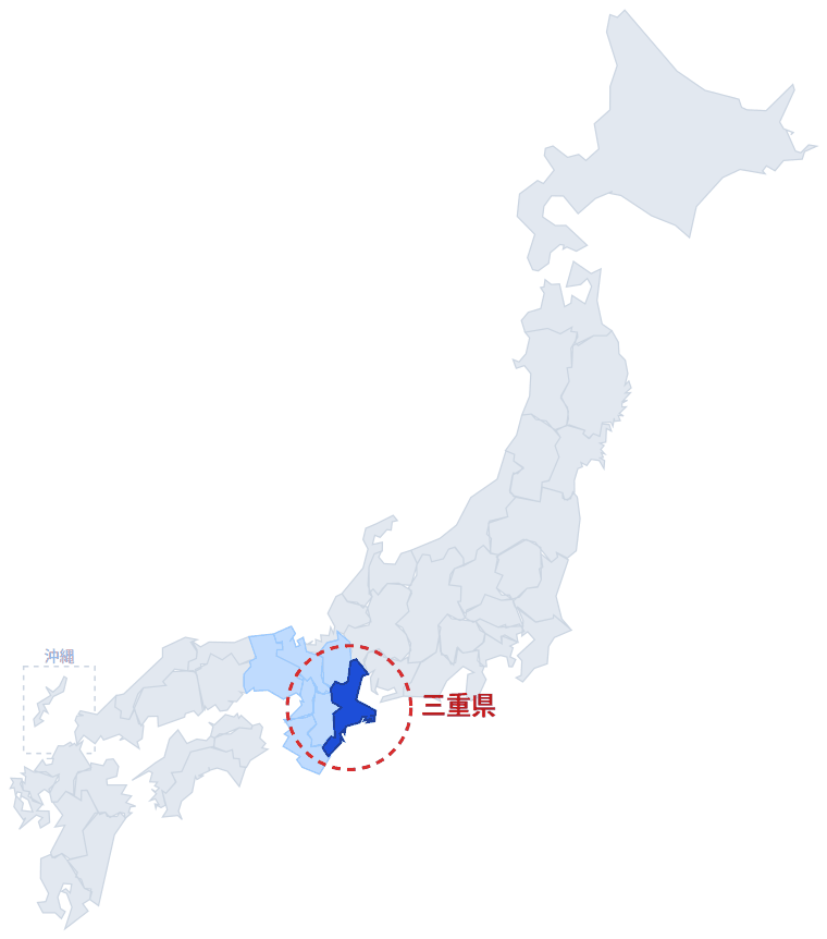 日本のなかでの三重県の位置。青くぬってあるところが三重県です。