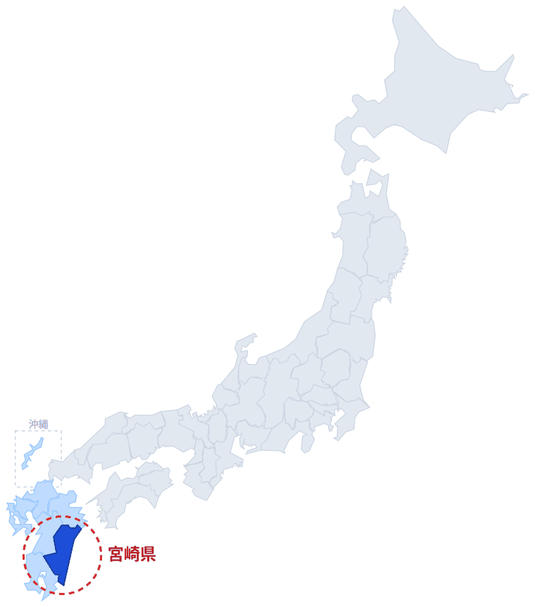 日本のなかでの宮崎県の位置。青くぬってあるところが宮崎県です。