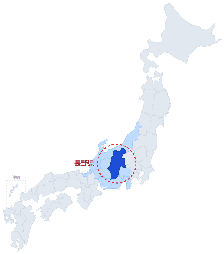 日本のなかでの長野県の位置。青くぬってあるところが長野県です。