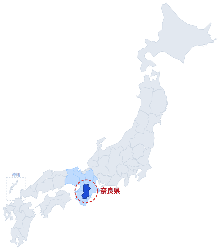 日本のなかでの奈良県の位置。青くぬってあるところが奈良県です。