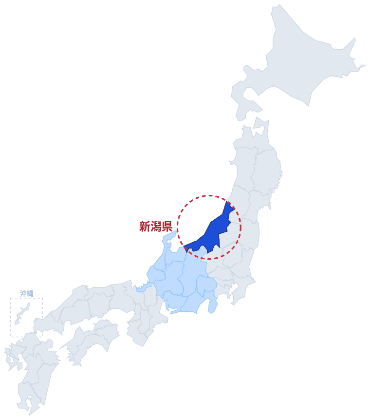 日本のなかでの新潟県の位置。青くぬってあるところが新潟県です。