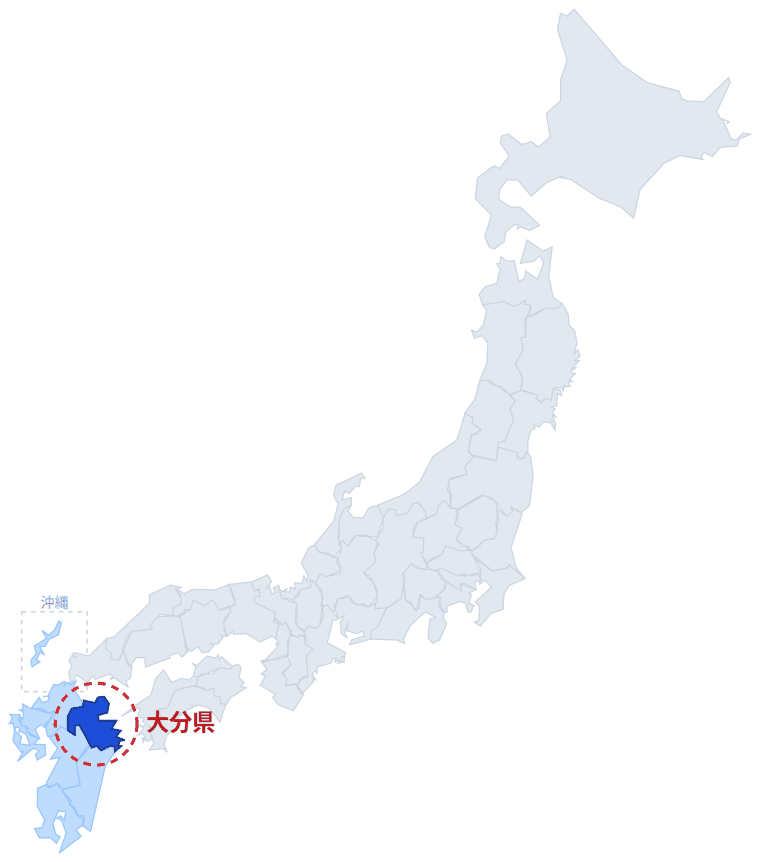 日本のなかでの大分県の位置。青くぬってあるところが大分県です。