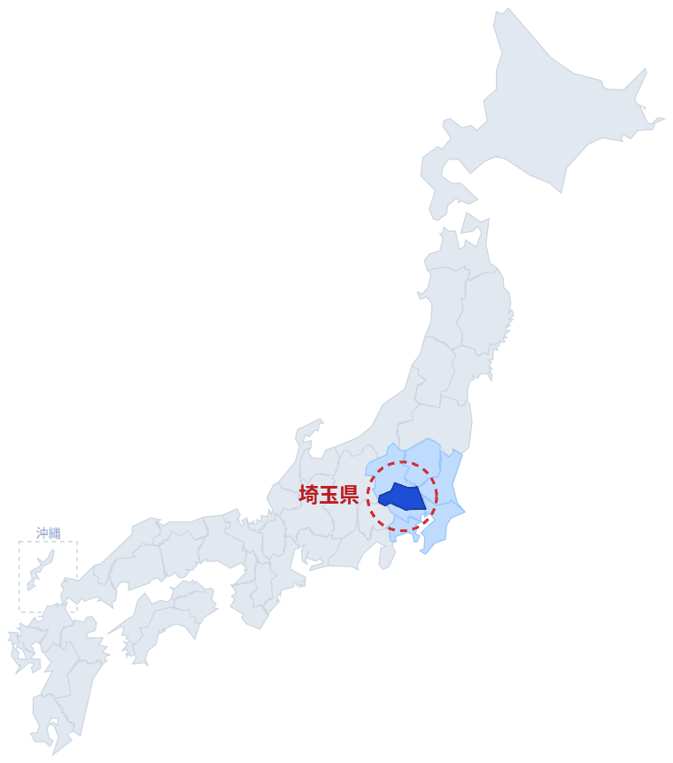 日本のなかでの埼玉県の位置。青くぬってあるところが埼玉県です。