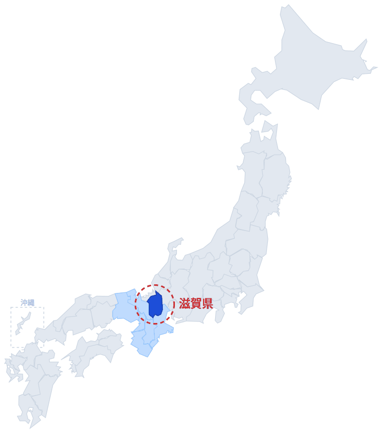 日本のなかでの滋賀県の位置。青くぬってあるところが滋賀県です。