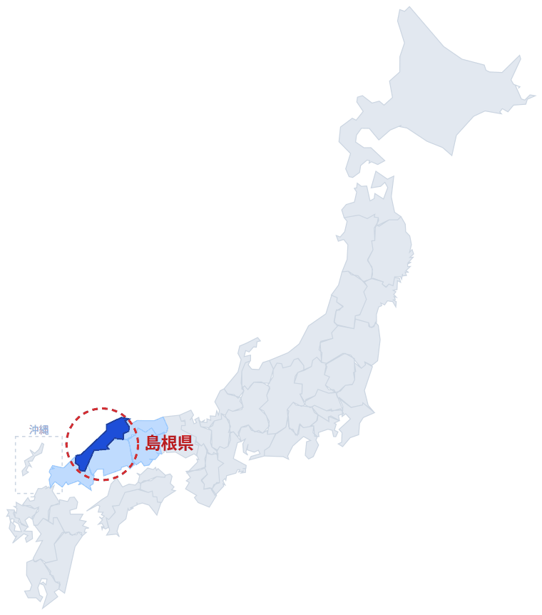 日本のなかでの島根県の位置。青くぬってあるところが島根県です。