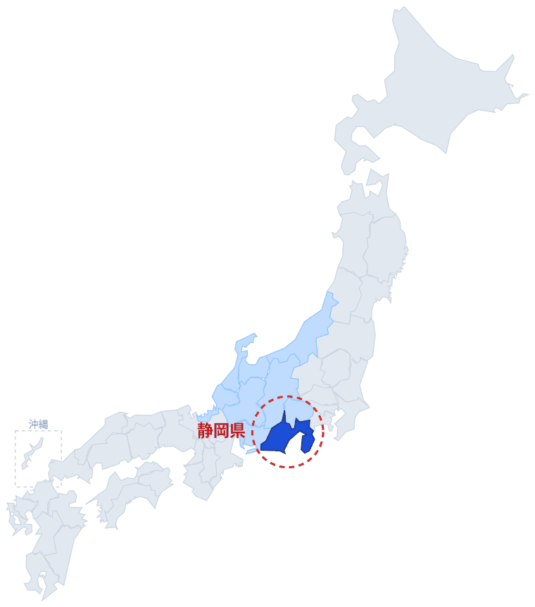 日本のなかでの静岡県の位置。青くぬってあるところが静岡県です。
