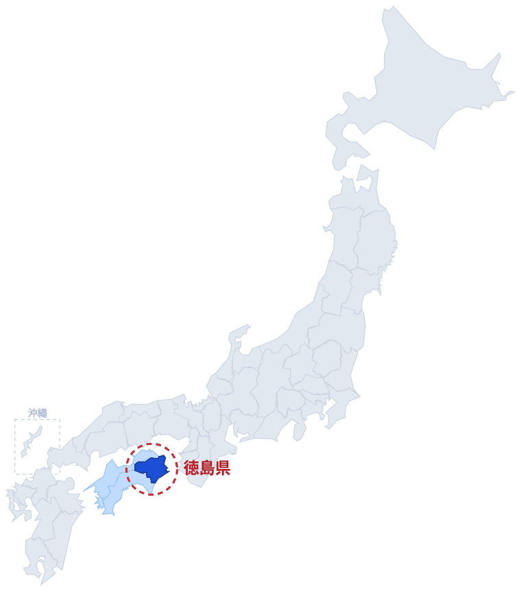 日本のなかでの徳島県の位置。青くぬってあるところが徳島県です。