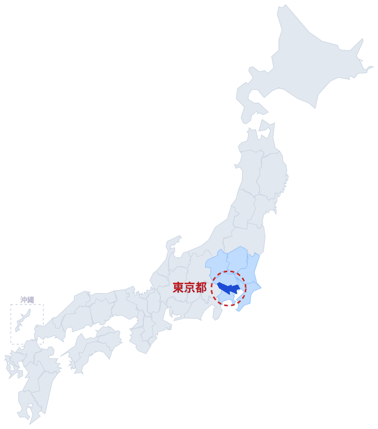 日本のなかでの東京都の位置。青くぬってあるところが東京都です。