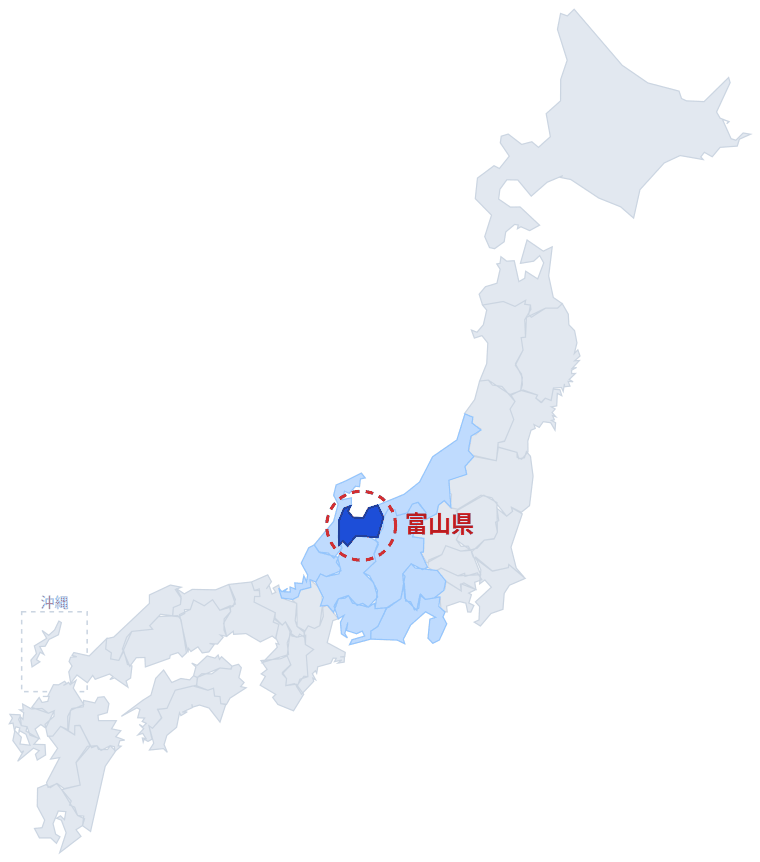 日本のなかでの富山県の位置。青くぬってあるところが富山県です。