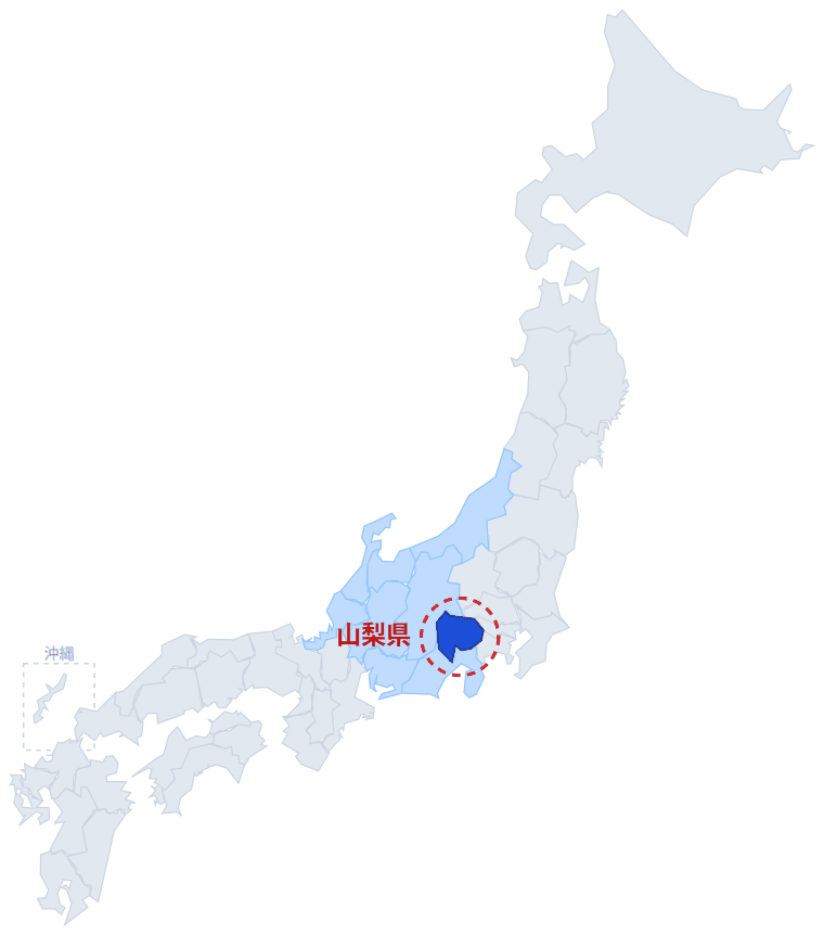 日本のなかでの山梨県の位置。青くぬってあるところが山梨県です。